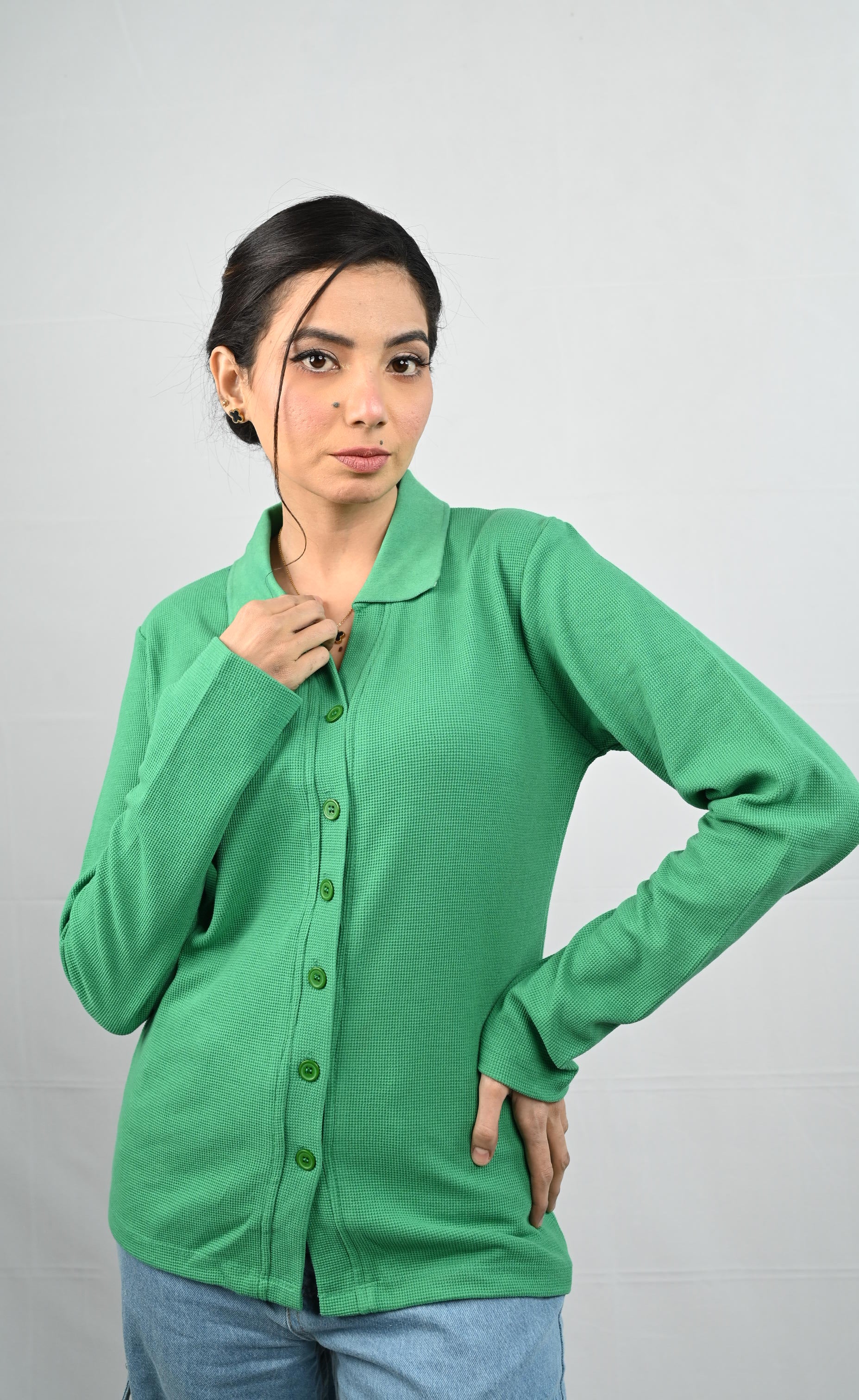 Button Up Ribbed Knit Shirt - Green (Full Sleeves)