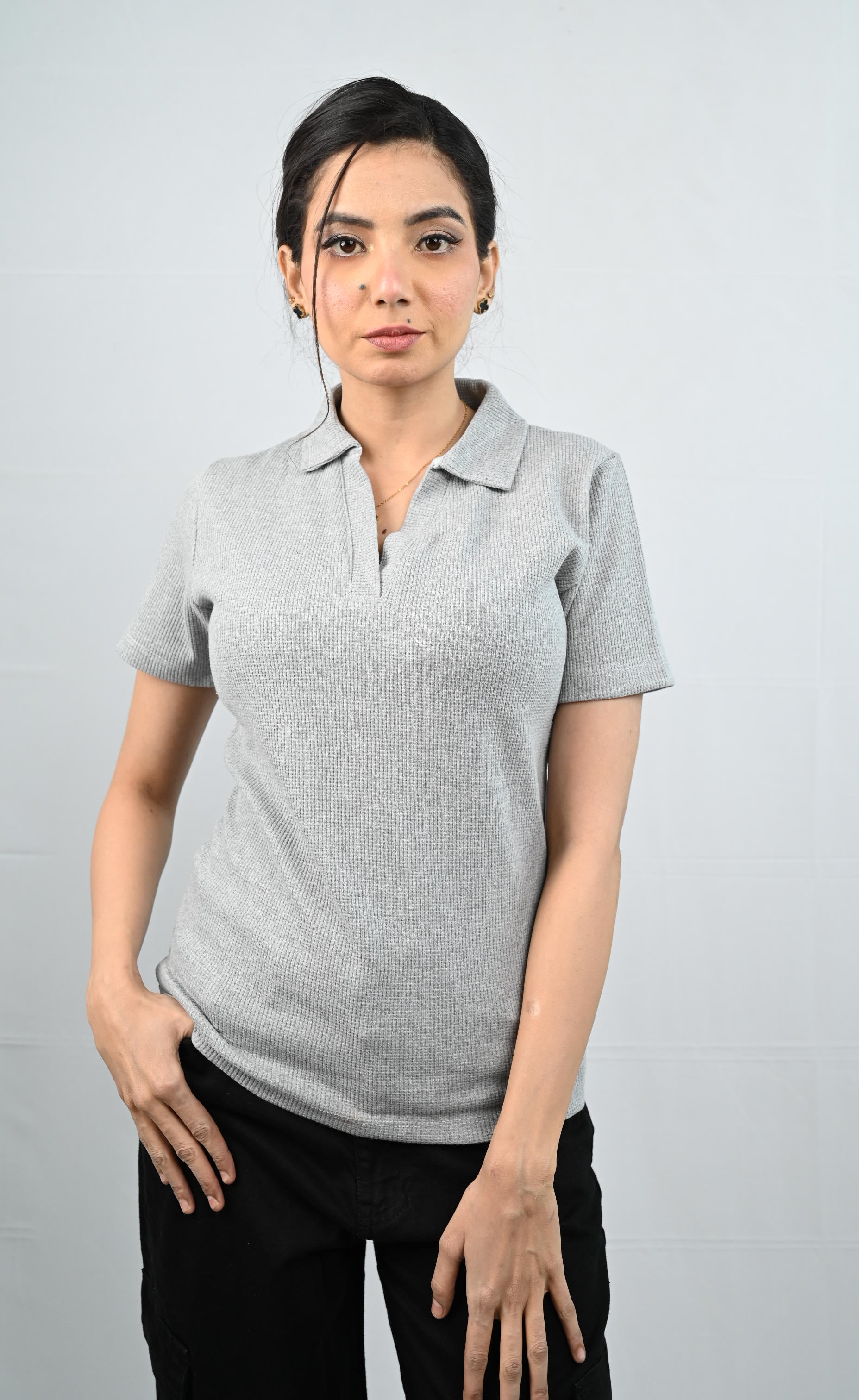 D600 Down Collar Ribbed Knit Polo Tee - Light Grey - (Short Sleeves)