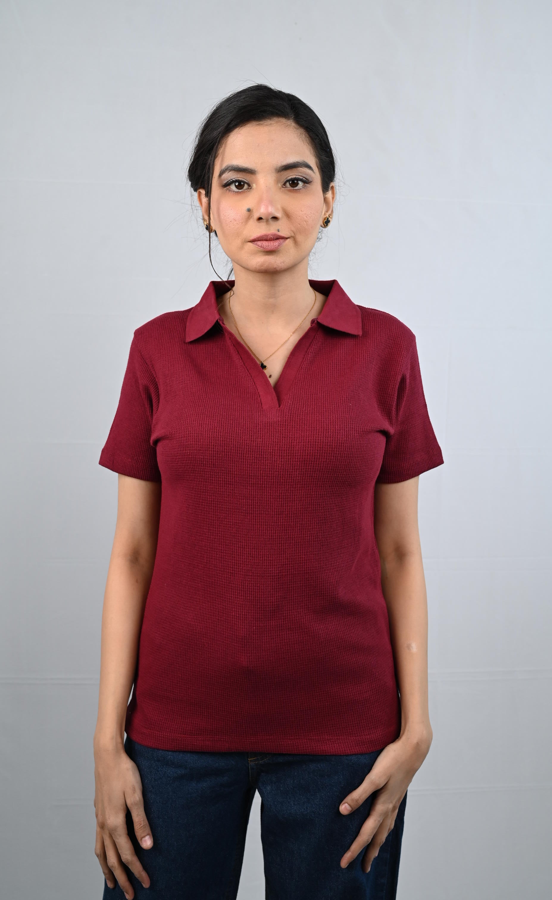 D600 Down Collar Ribbed Knit Polo Tee - Maroon | Short Sleeves