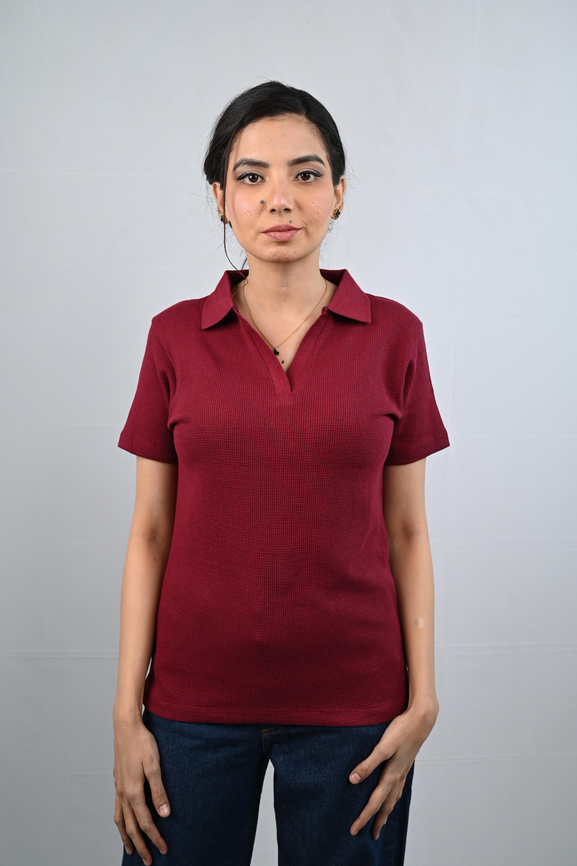 D600 Down Collar Ribbed Knit Polo Tee - Maroon | Short Sleeves