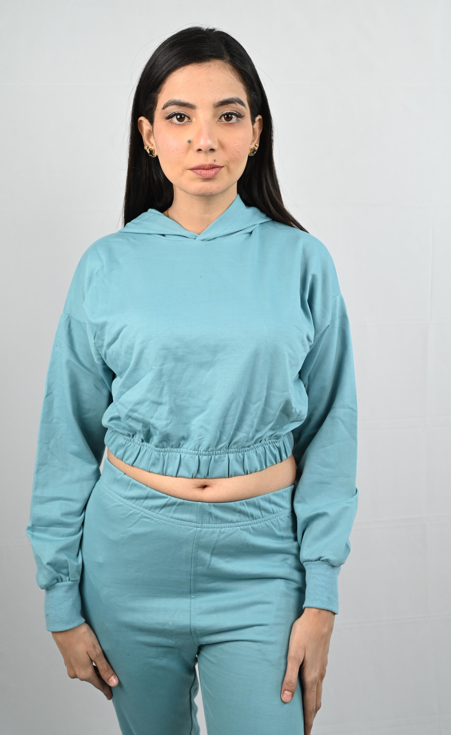 Hooded Crop Sweatshirt - Turquoise