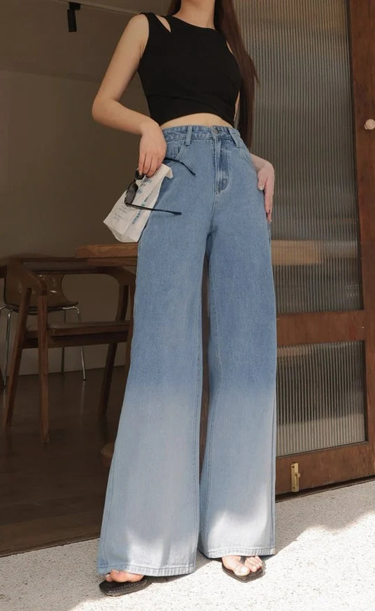 D600 Blue Two-Tone Wide-Leg Jeans