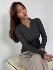 D600 Ribb Knit Polo - Charcoal - (Full Sleeves)