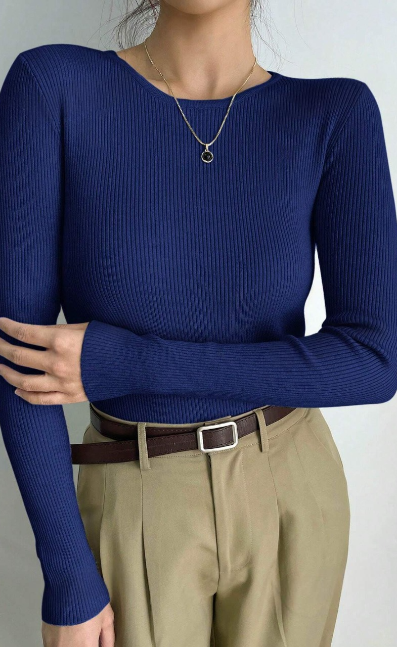 Simple Round Neck Casual Long Sleeve - Royal Blue