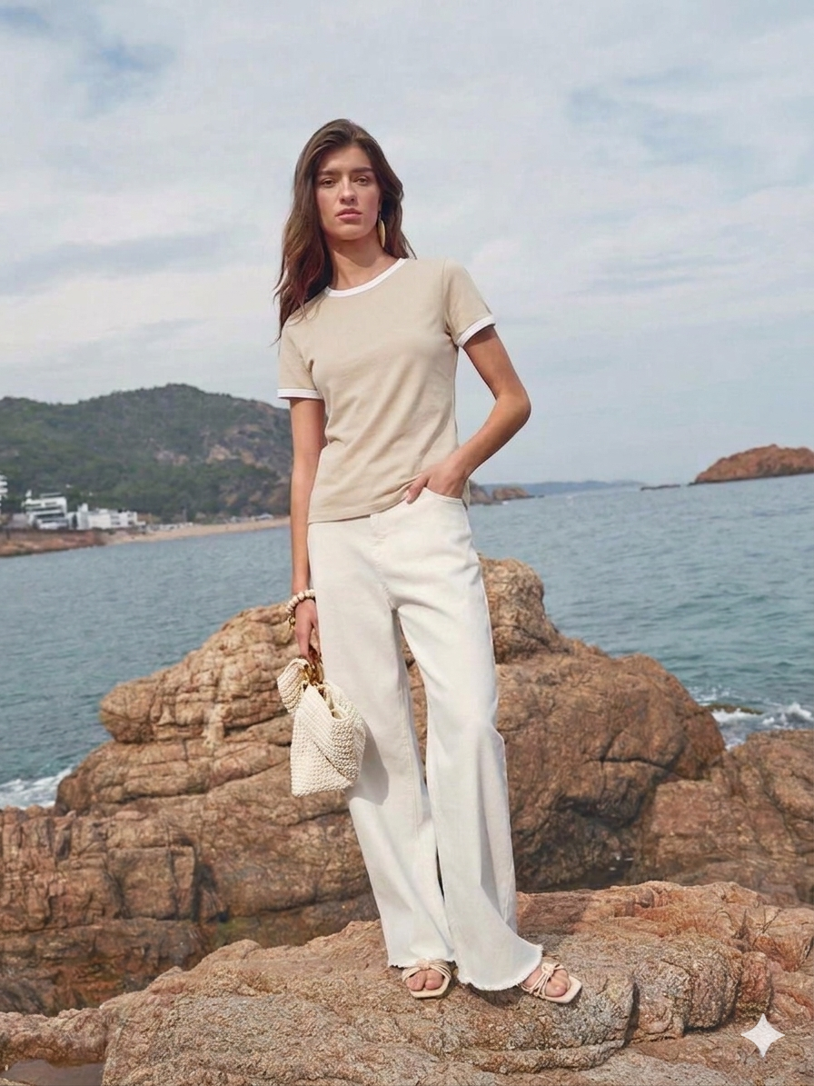 Contrast Trim T-Shirt - Beige