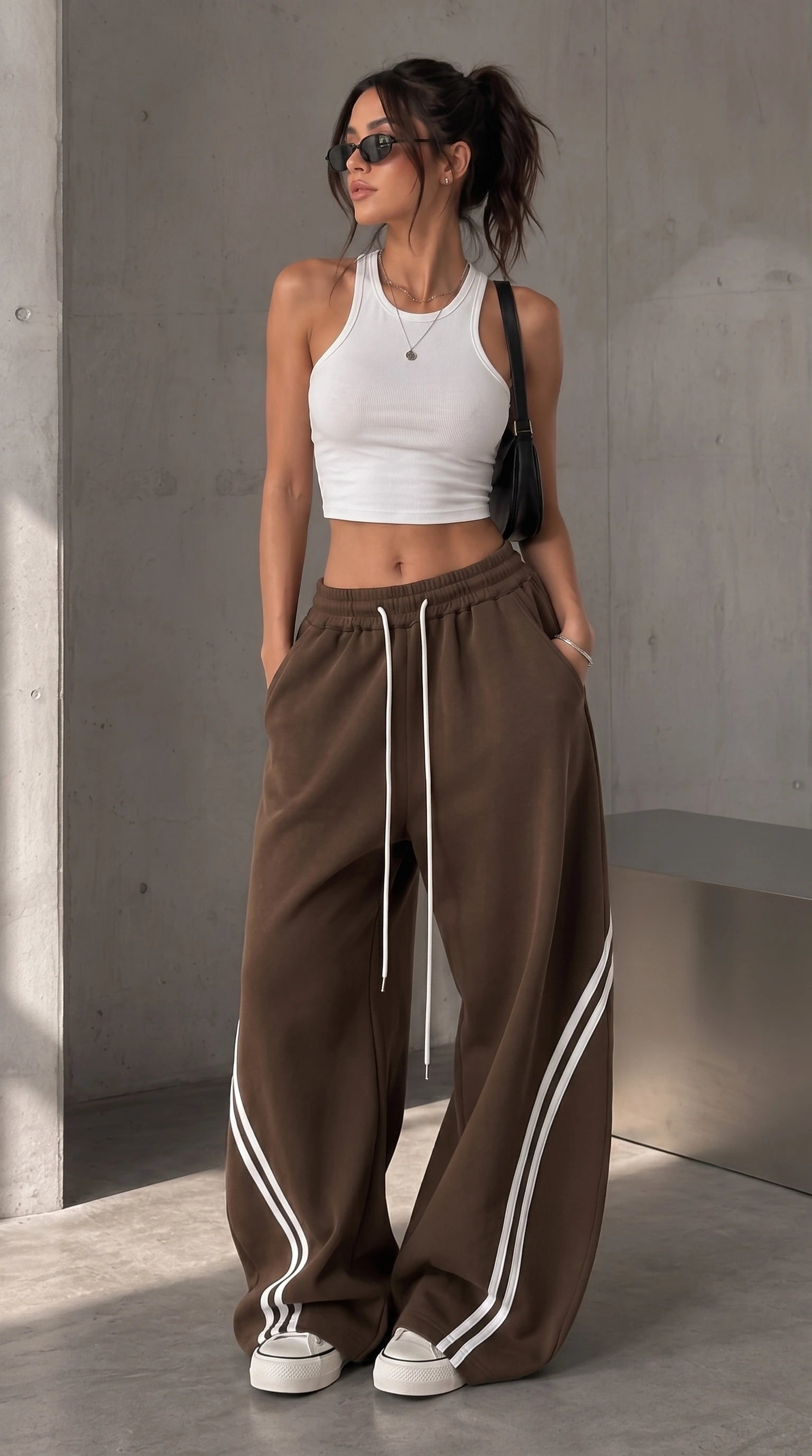 D600 Cross Stripe Wide Leg Trousers | Brown
