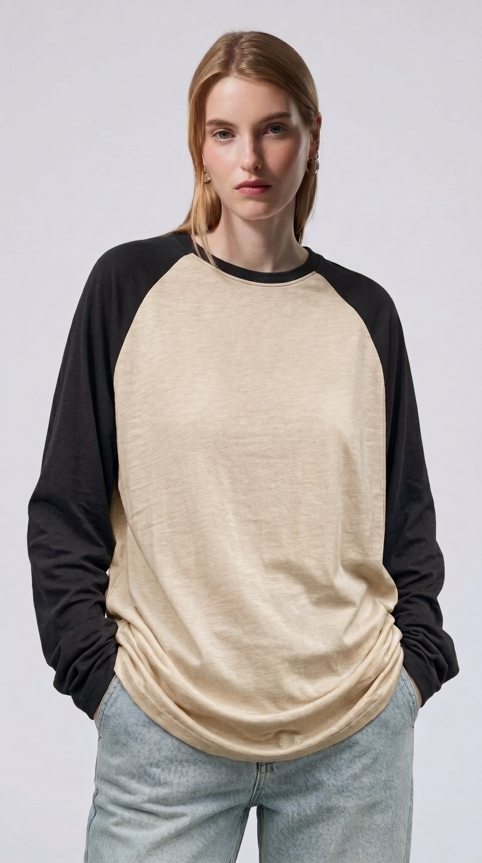 Contrast Raglan Sleeve Top | Beige/Black