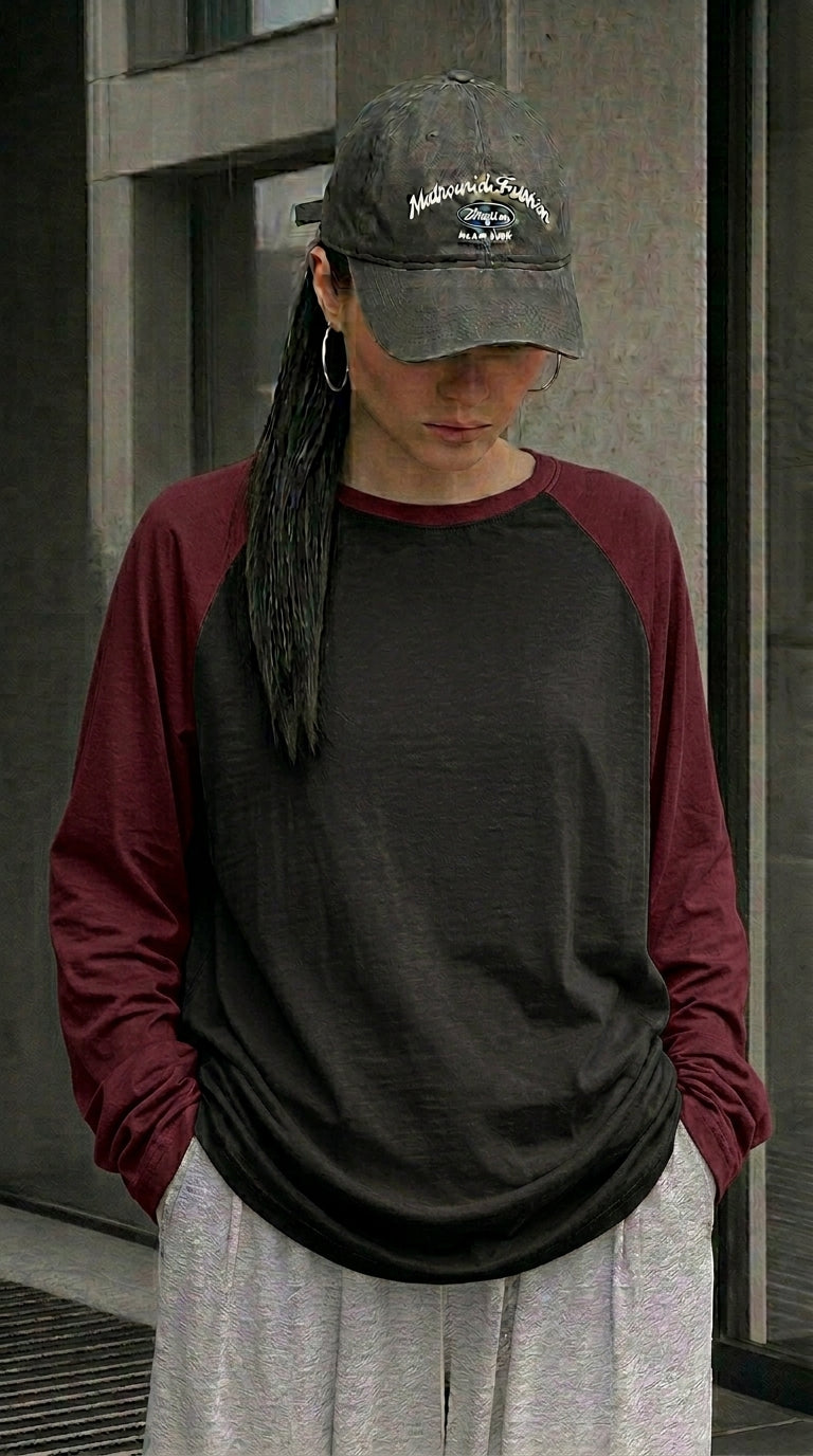 Contrast Raglan Sleeve Top | Black/Maroon