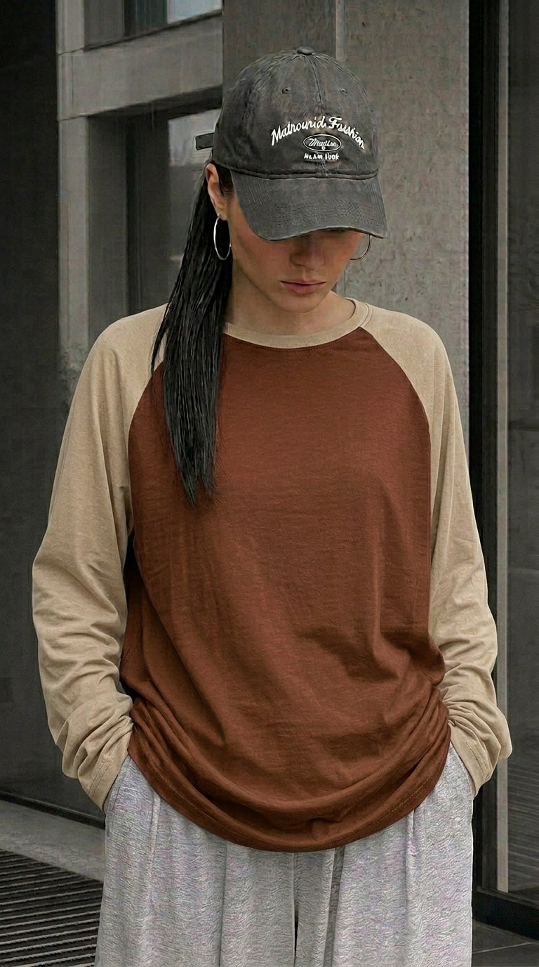Contrast Raglan Sleeve Top | Brown/Beige