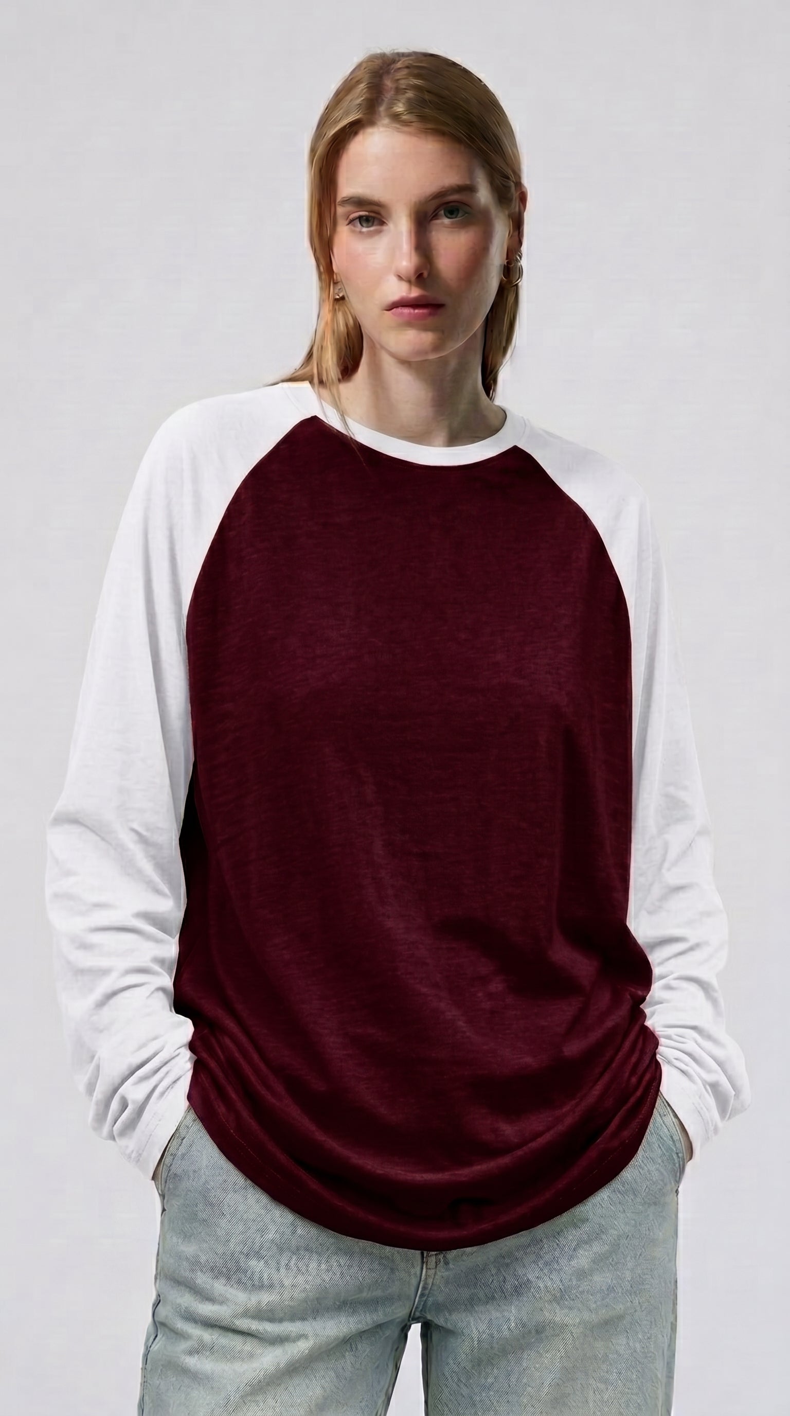 Contrast Raglan Sleeve Top | Maroon/White