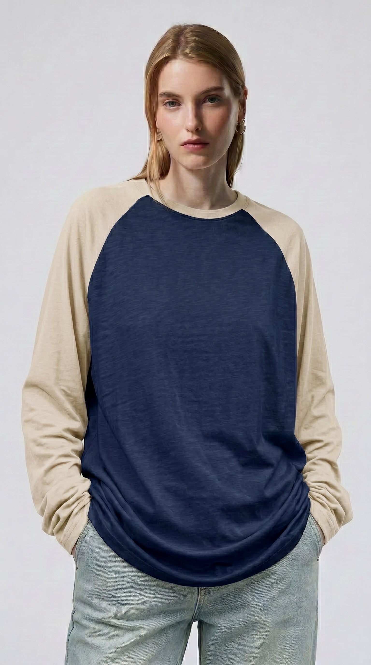 Contrast Raglan Sleeve Top | Blue/Beige