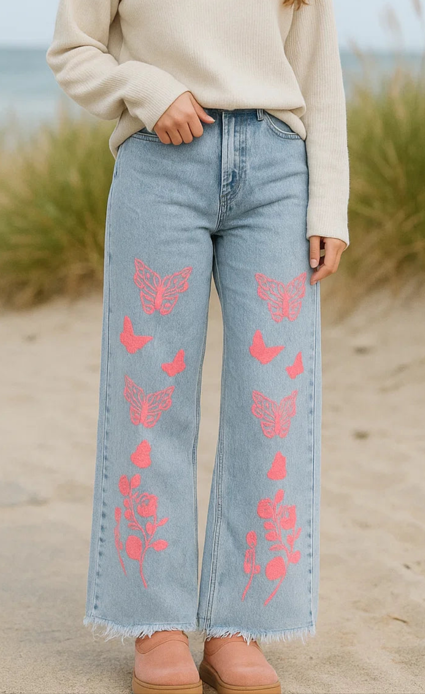 ZARA Wide-Leg Frayed Hem Jeans - Butterfly Print - Light Blue