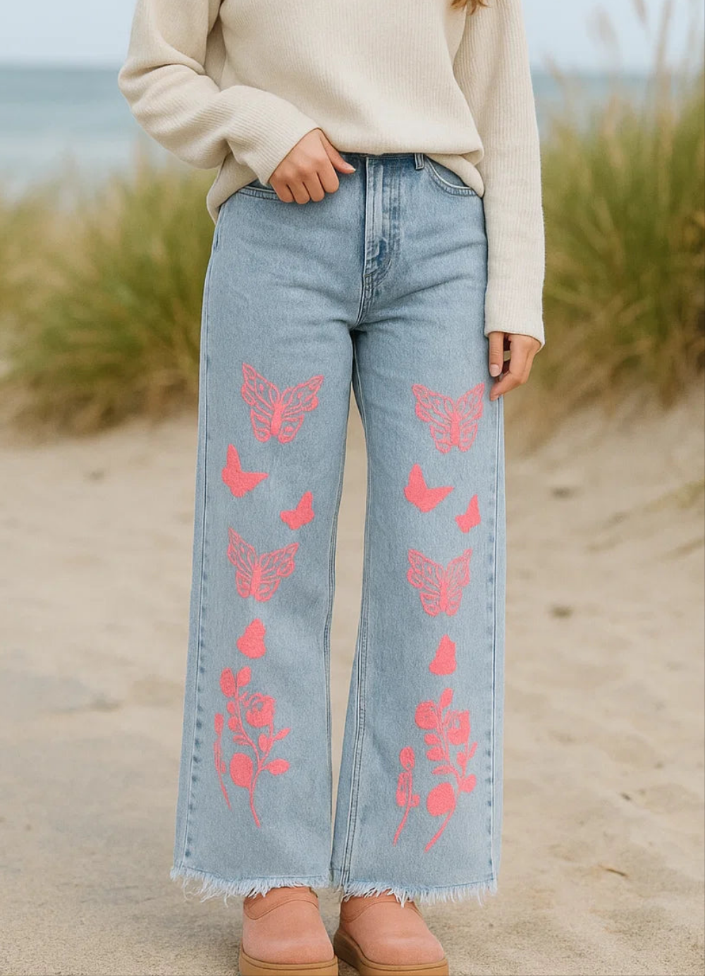 ZARA Wide-Leg Frayed Hem Jeans - Butterfly Print - Light Blue