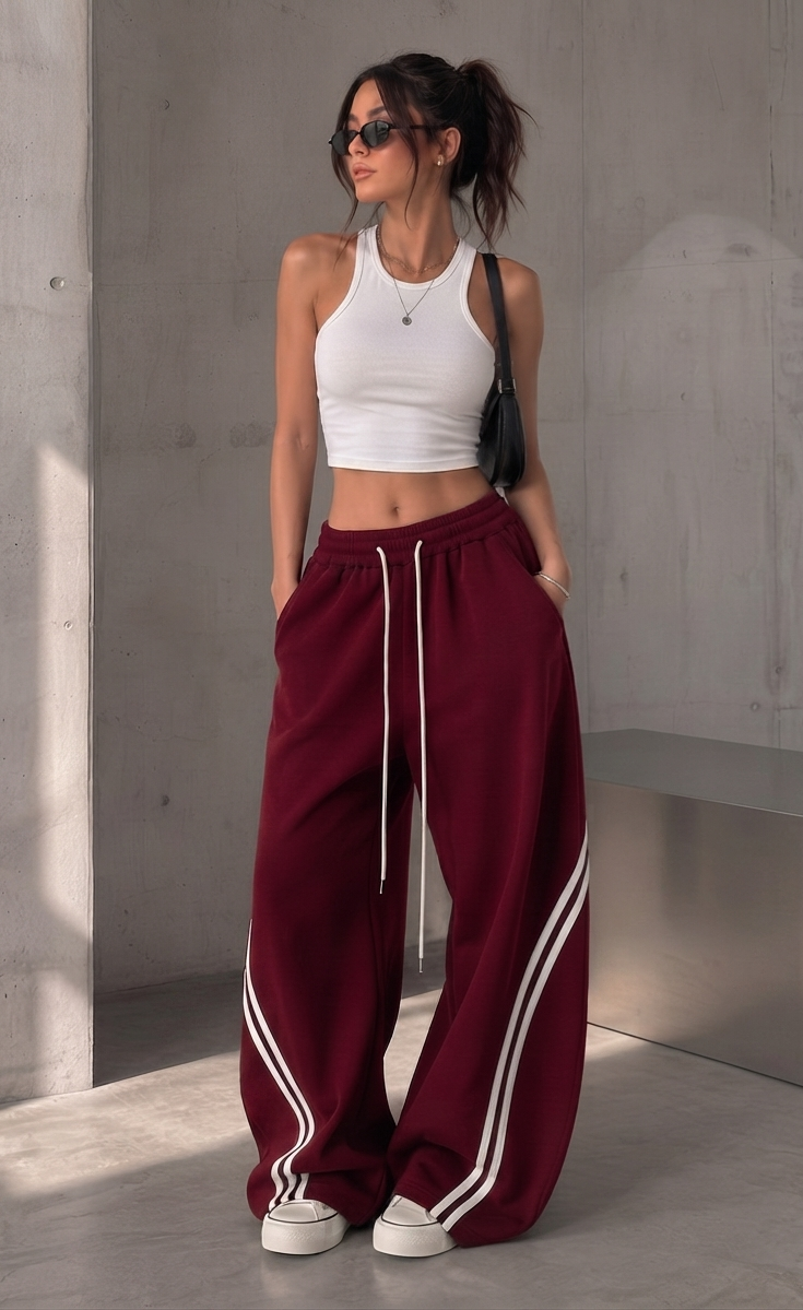 D600 Cross Stripe Wide Leg Trousers | Maroon