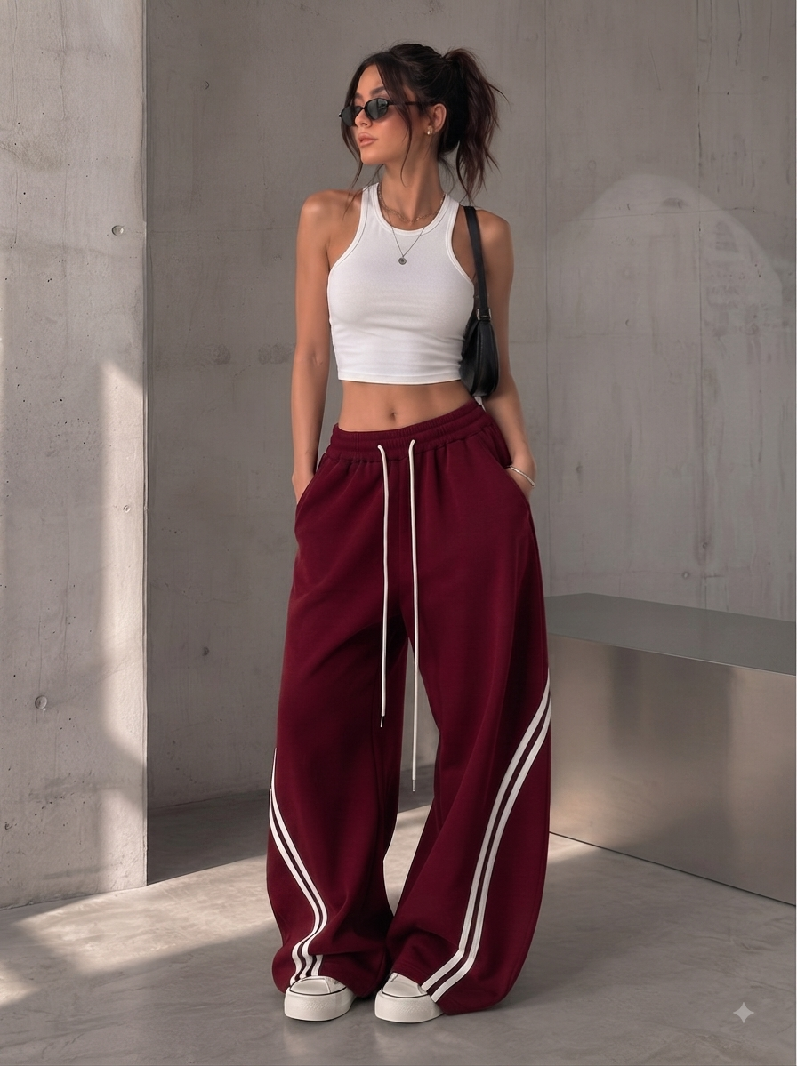 D600 Cross Stripe Wide Leg Trousers | Maroon