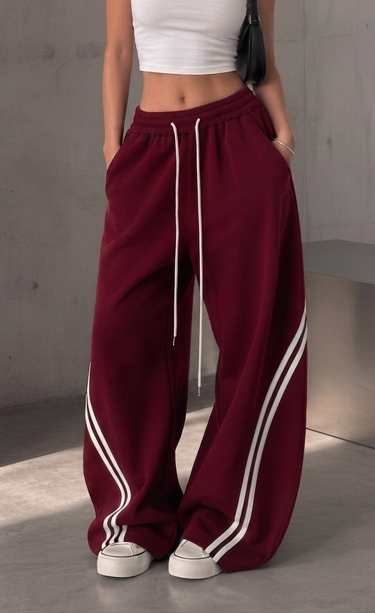 D600 Cross Stripe Wide Leg Trousers | Maroon