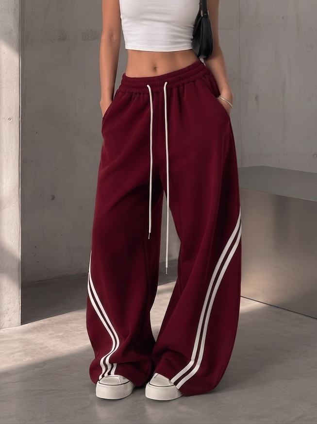 D600 Cross Stripe Wide Leg Trousers | Maroon