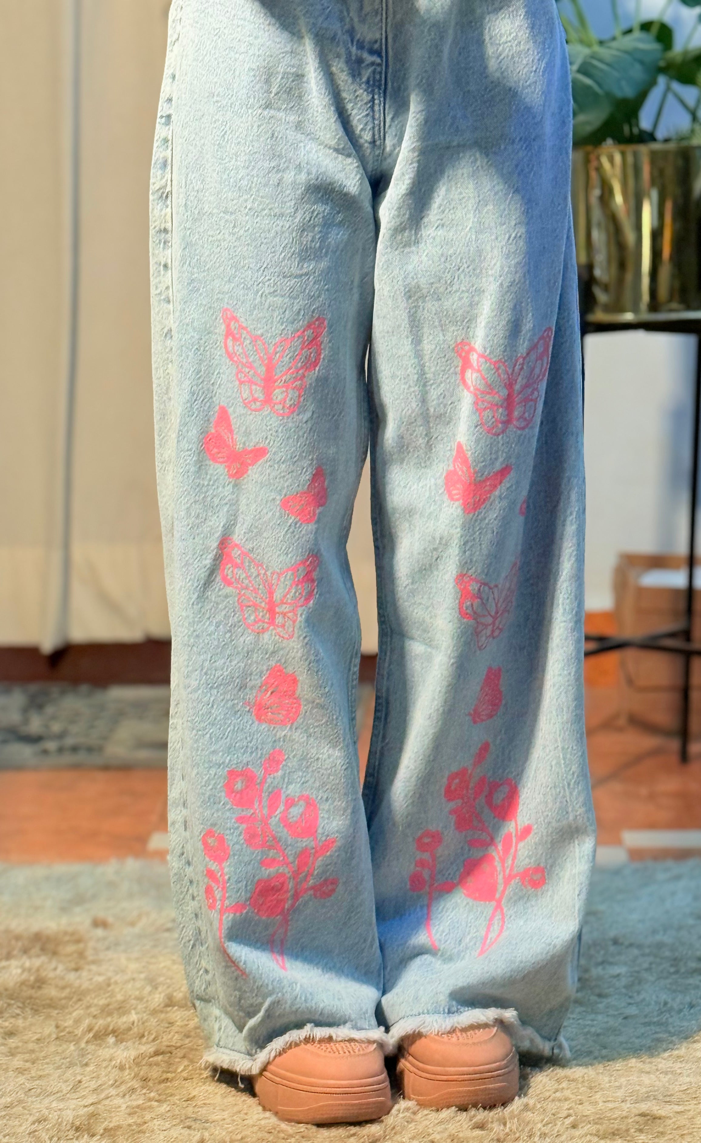 ZARA Wide-Leg Frayed Hem Jeans - Butterfly Print - Light Blue