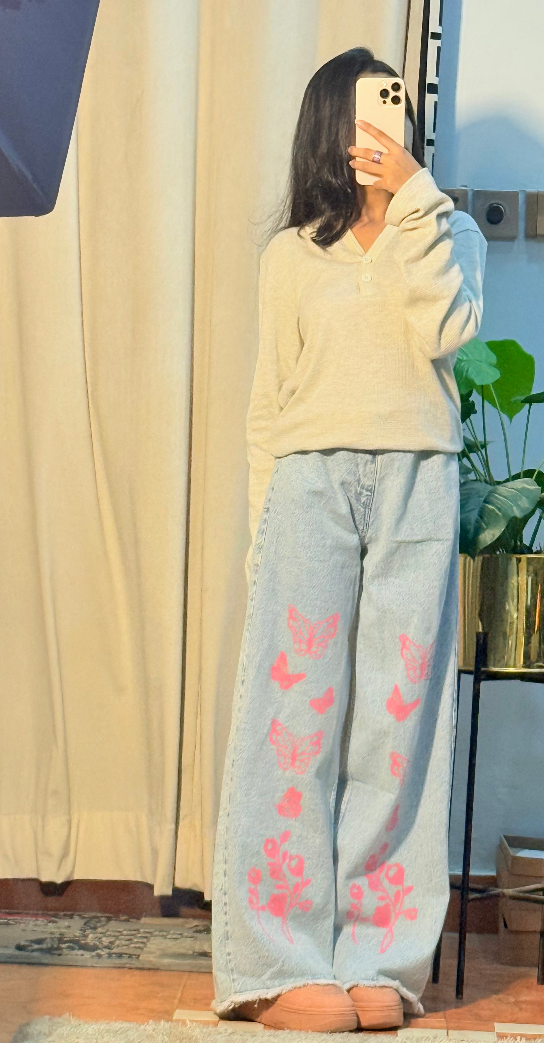 ZARA Wide-Leg Frayed Hem Jeans - Butterfly Print - Light Blue