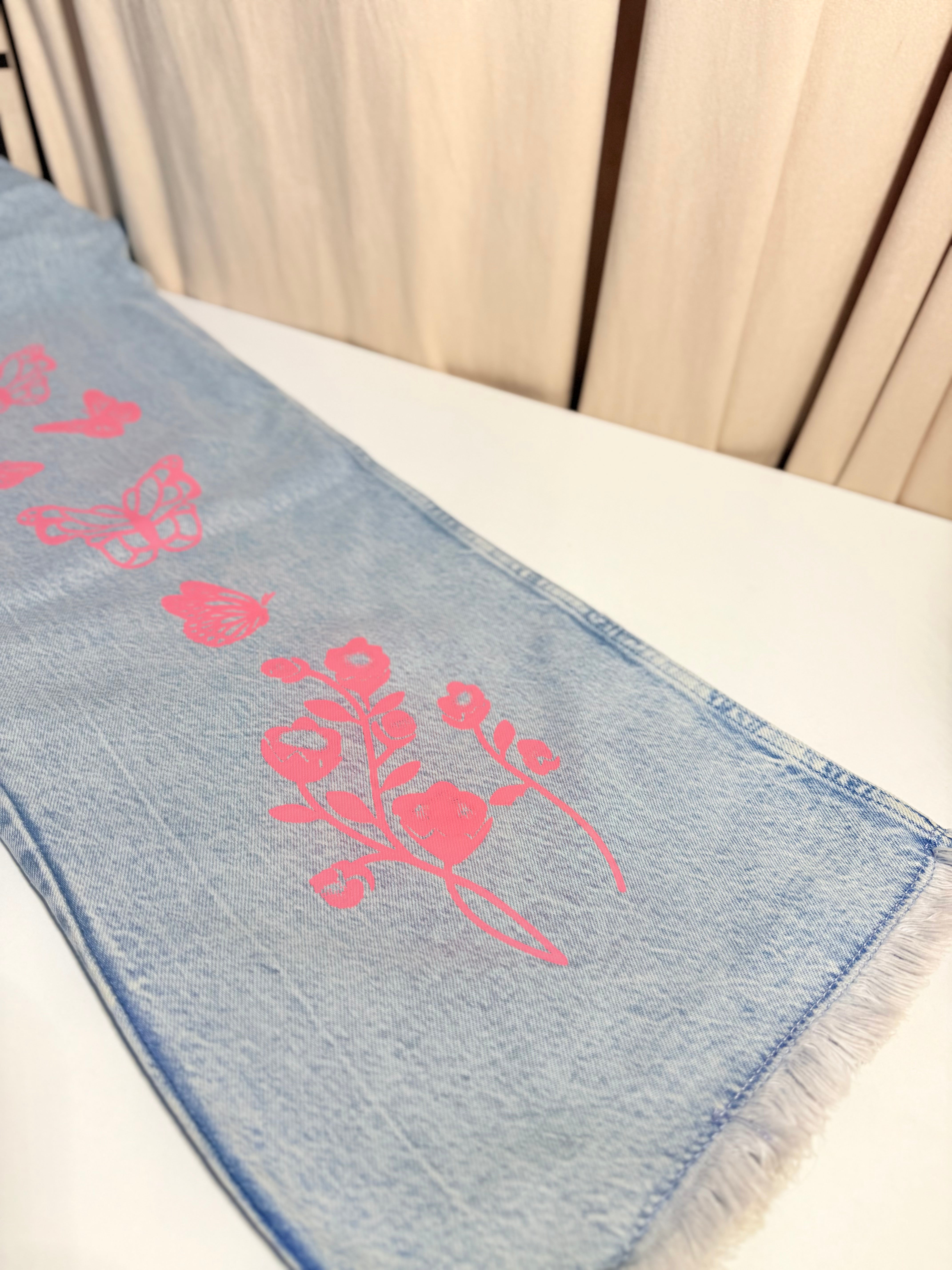 ZARA Wide-Leg Frayed Hem Jeans - Butterfly Print - Light Blue