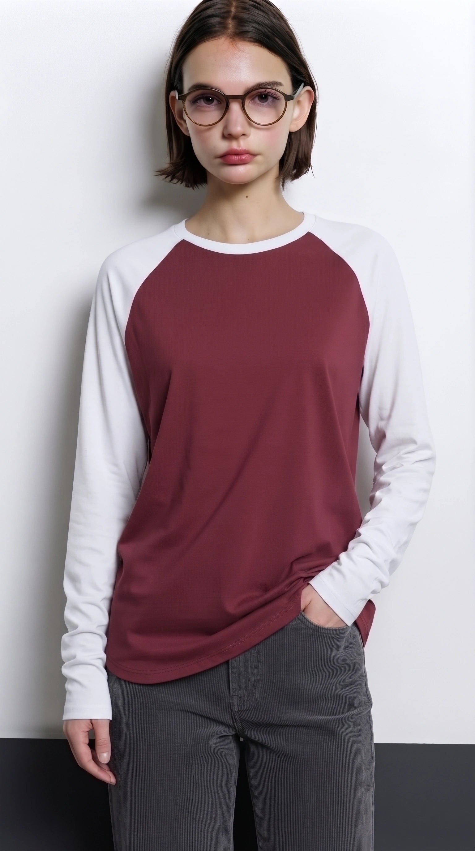 Contrast Raglan Sleeve Top | Maroon/White