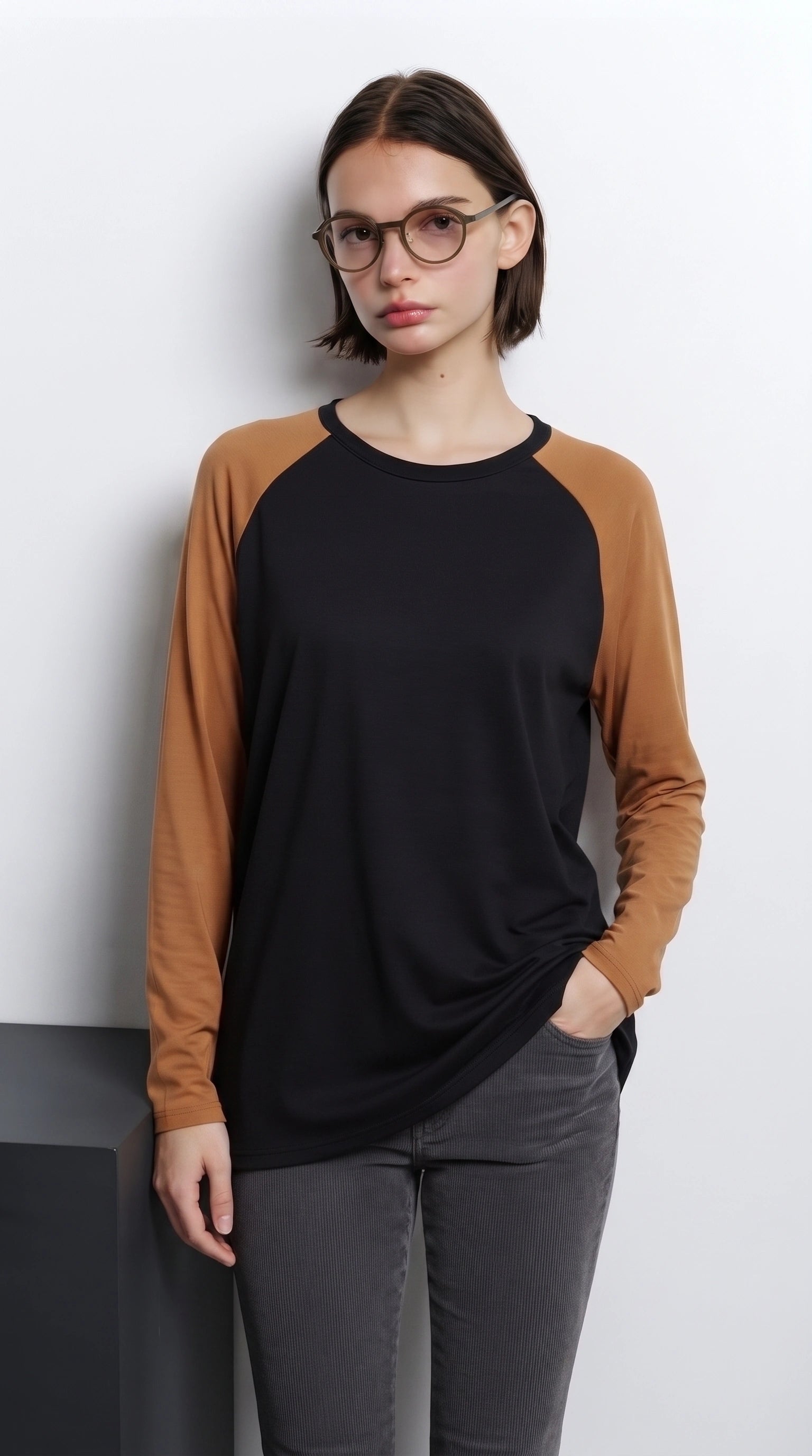 Contrast Raglan Sleeve Top | Black/Mustard