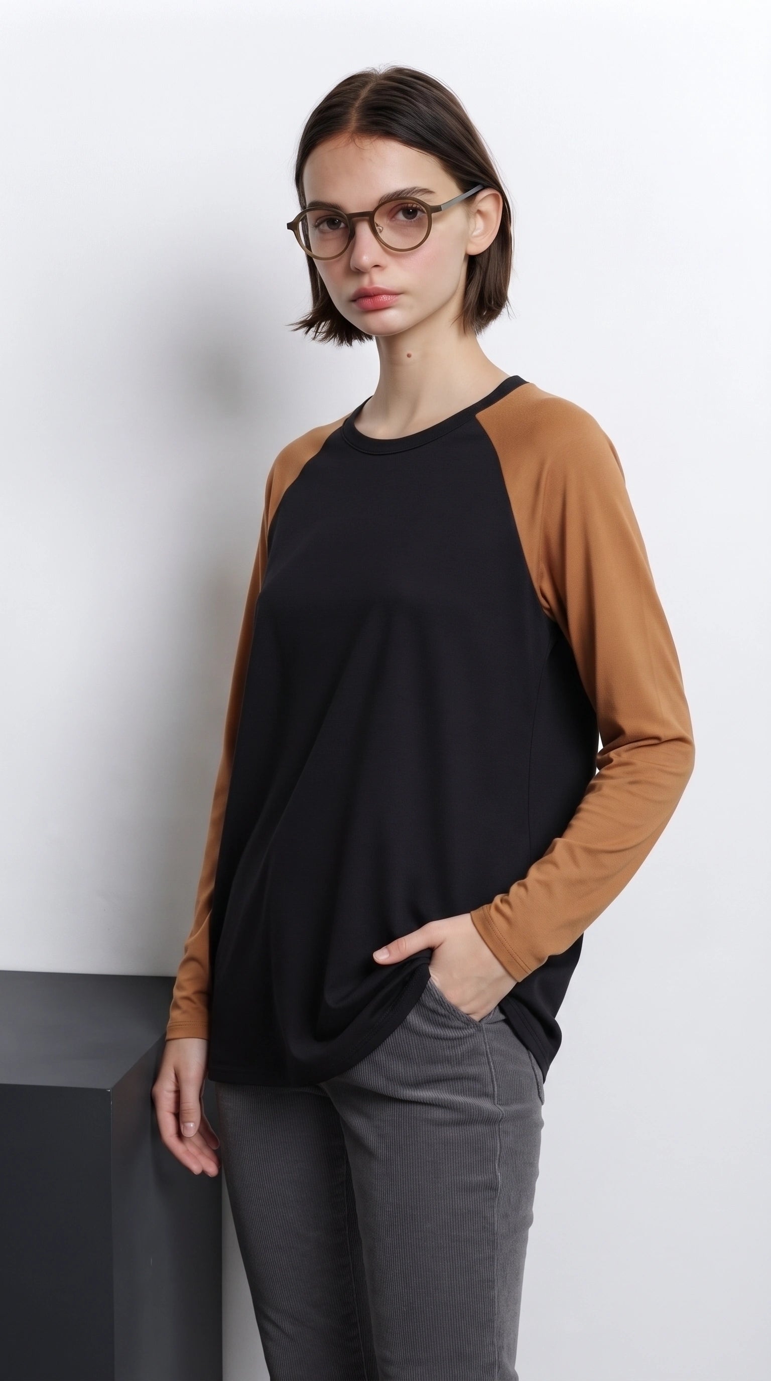 Contrast Raglan Sleeve Top | Black/Mustard