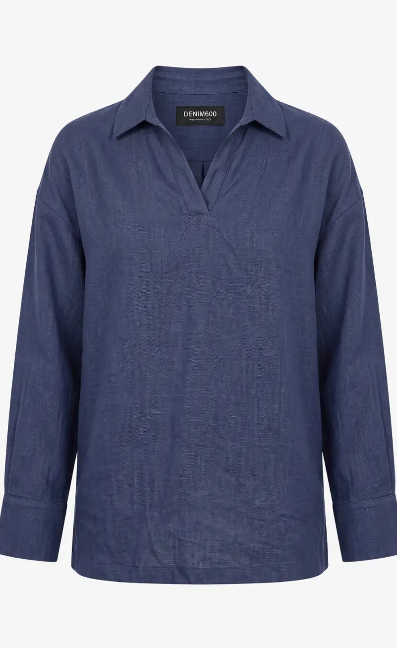 Oversized V-Neck Collar Shirt - Navy Blue