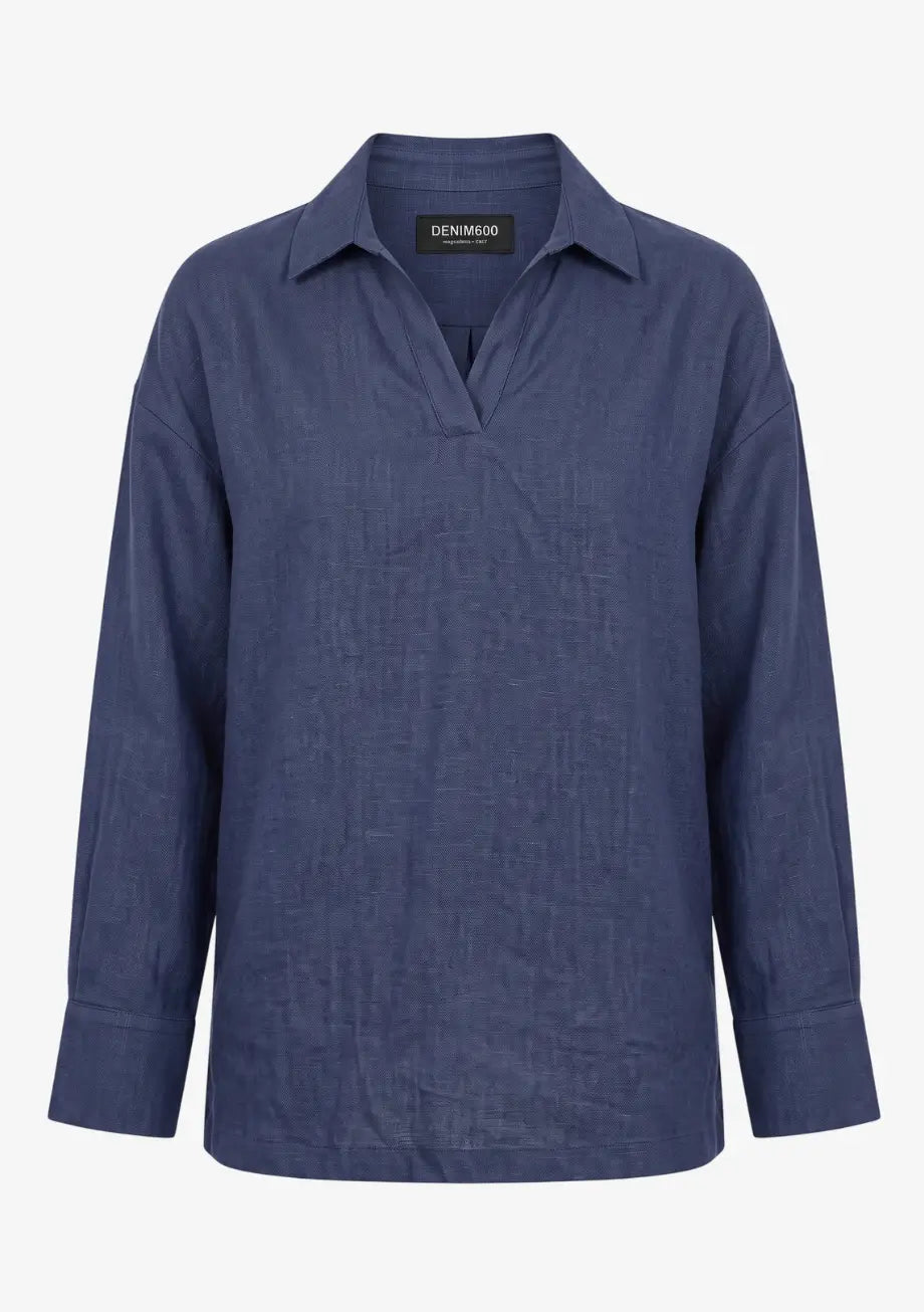 Oversized V-Neck Collar Shirt - Navy Blue