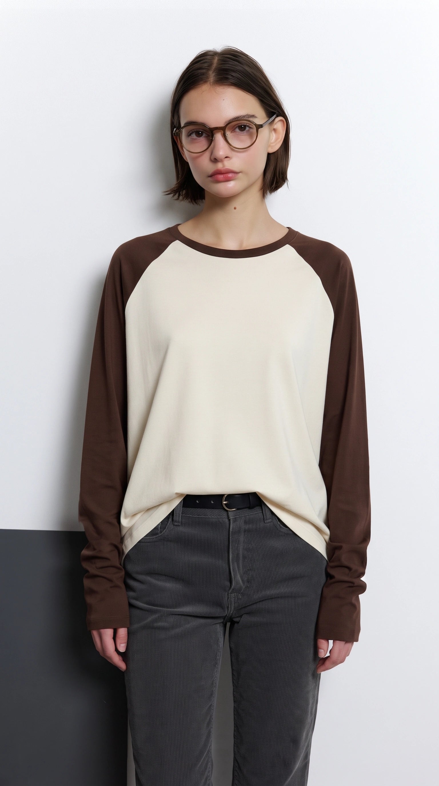 Contrast Raglan Sleeve Top | Beige/Brown