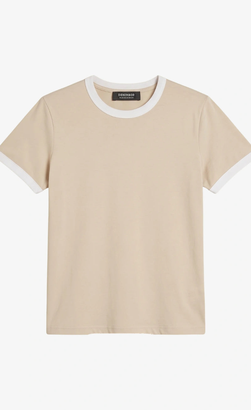Contrast Trim T-Shirt - Beige