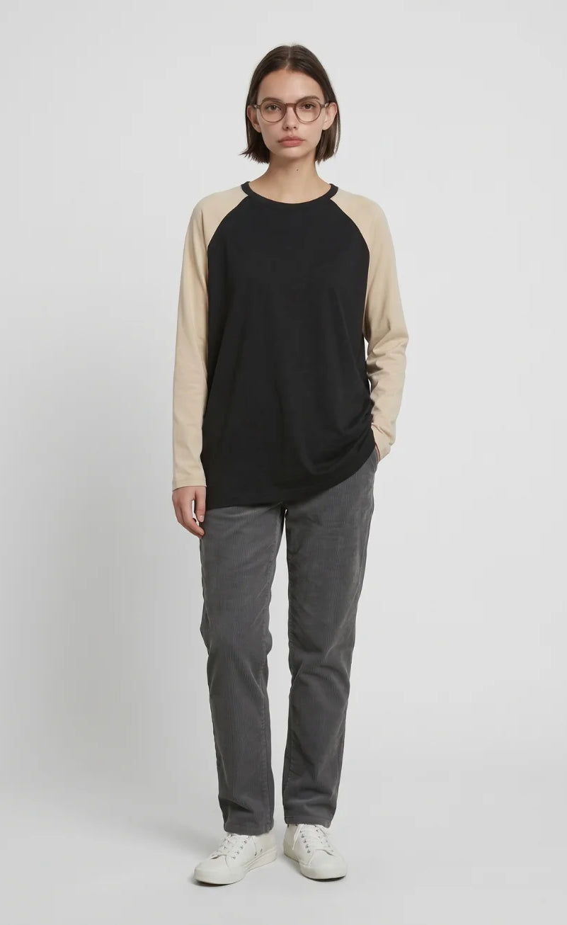 Contrast Raglan Sleeve Top | Black/Beige