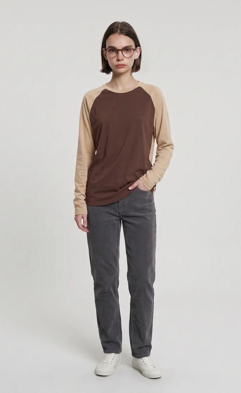Contrast Raglan Sleeve Top | Brown/Beige