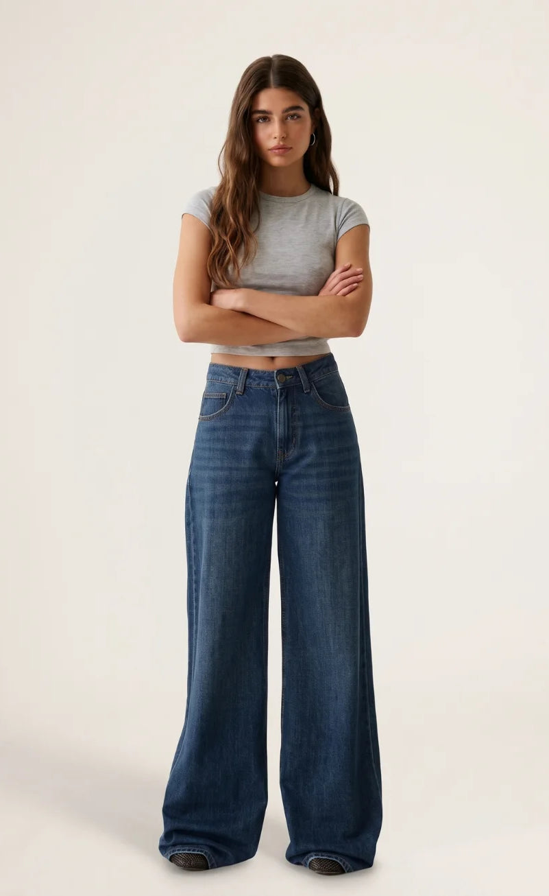 D600 High Waist Wide Leg Jeans | Dark Blue Wisker
