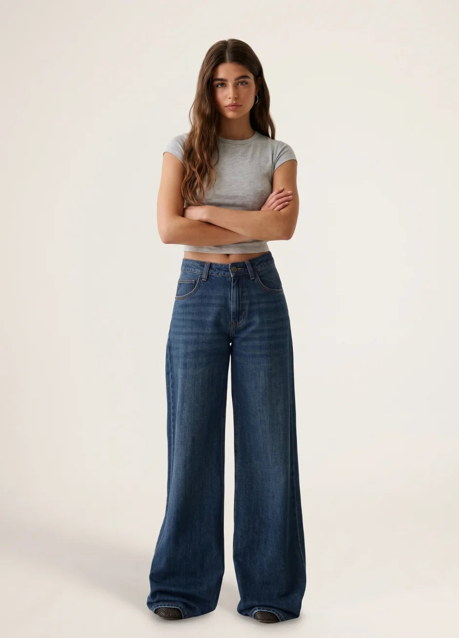 D600 High Waist Wide Leg Jeans | Dark Blue Wisker