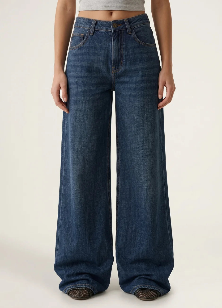 D600 High Waist Wide Leg Jeans | Dark Blue Wisker