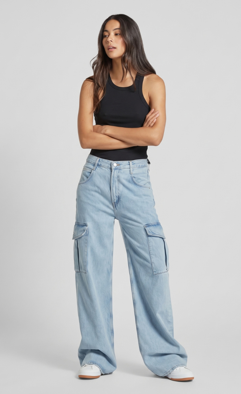 Ice Blue Cargo High-Waist Wide-Leg Jeans