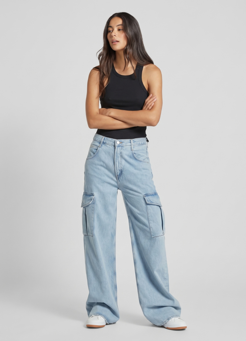 Ice Blue Cargo High-Waist Wide-Leg Jeans
