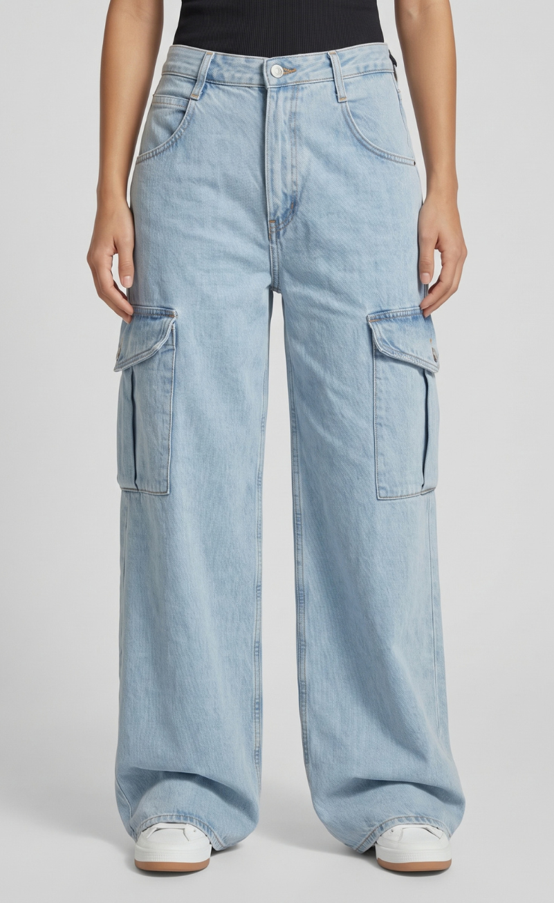 Ice Blue Cargo High-Waist Wide-Leg Jeans