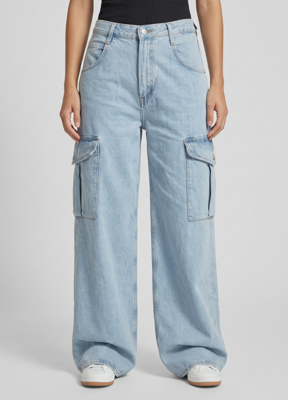 Ice Blue Cargo High-Waist Wide-Leg Jeans