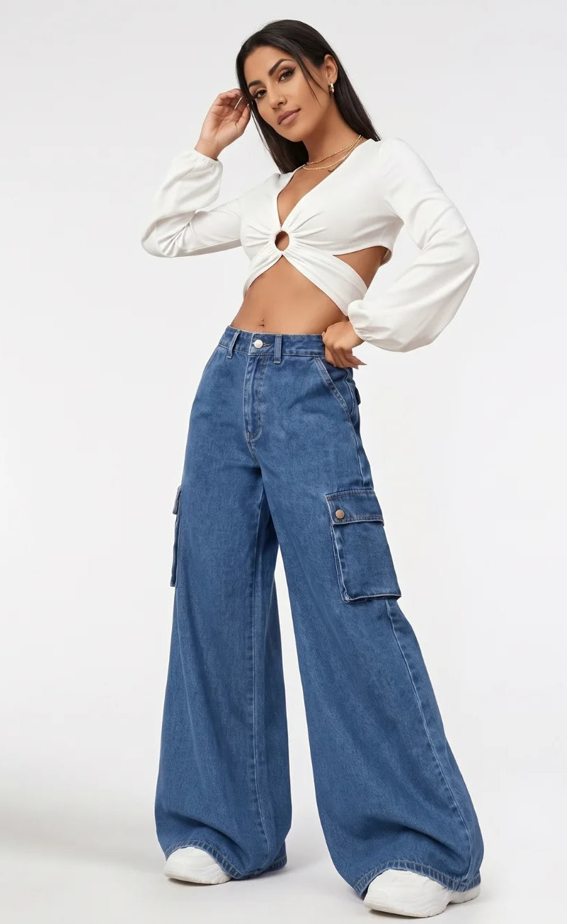 High Rise Wide Leg Cargo Jeans