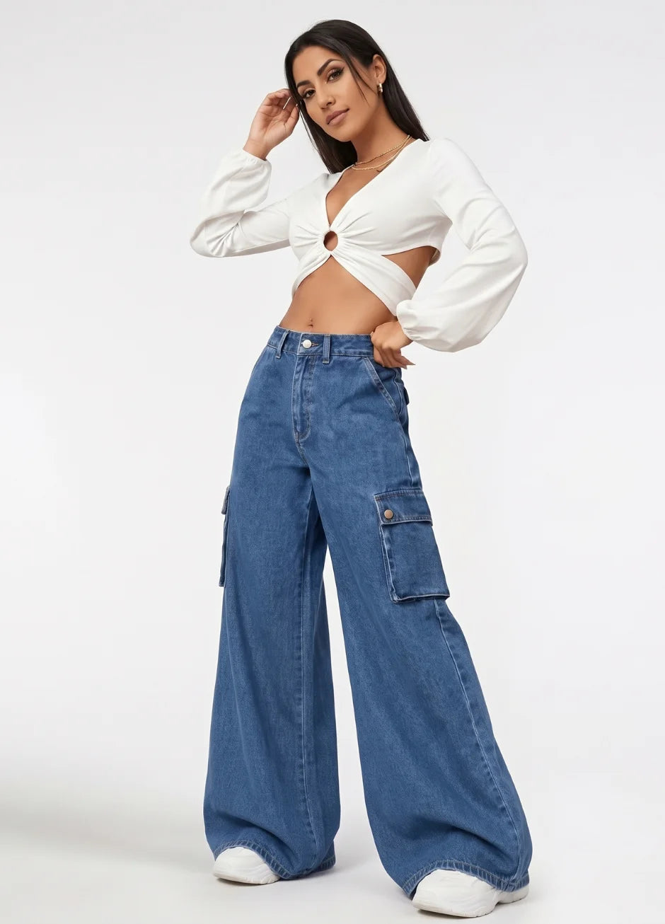 High Rise Wide Leg Cargo Jeans