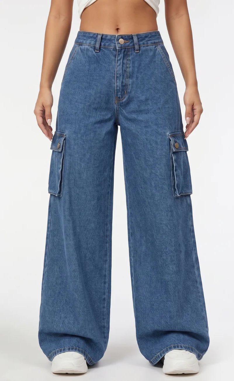 High Rise Wide Leg Cargo Jeans