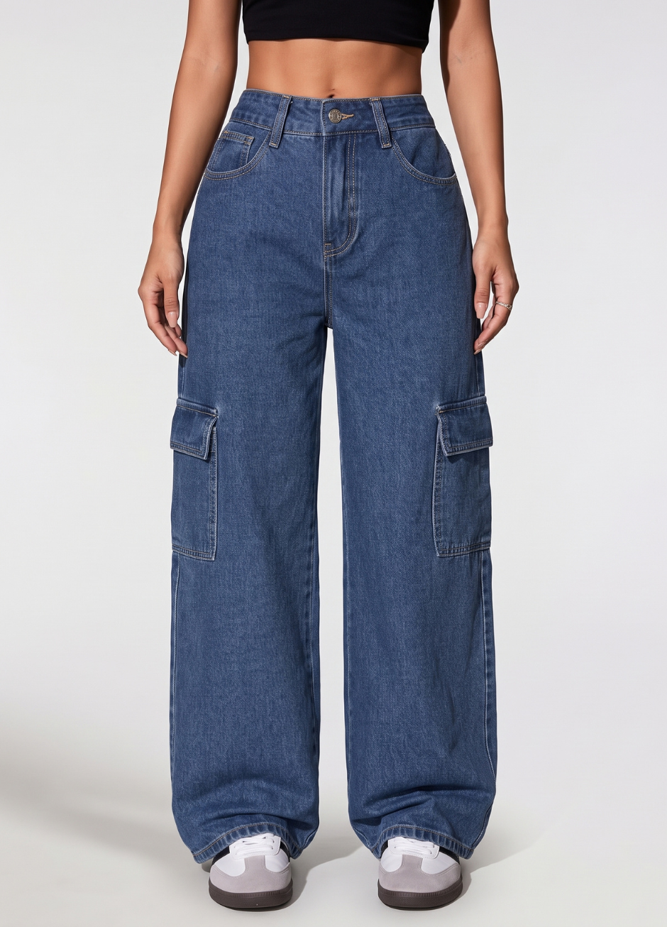 Zara Blue Cargo Wide Leg Jeans (MINOR FAULT)