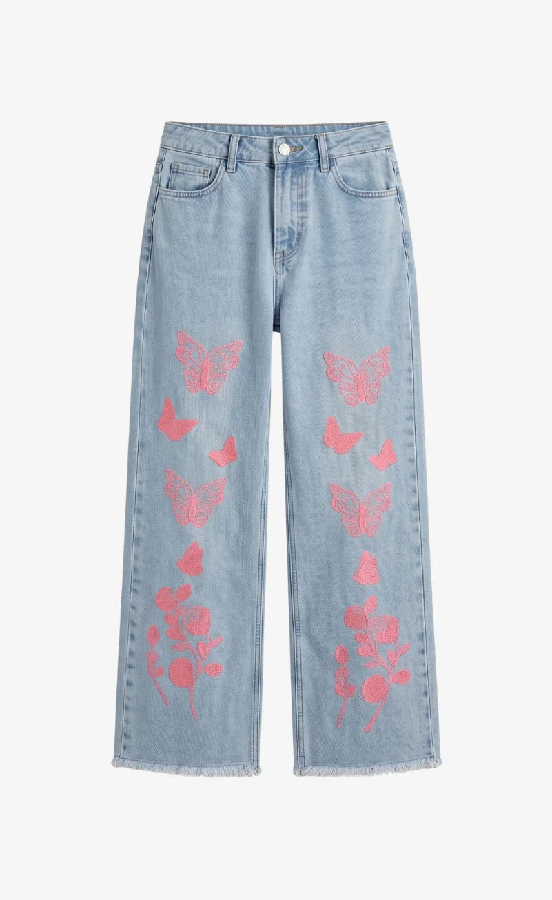 Wide-Leg Frayed Hem Jeans - Butterfly Print