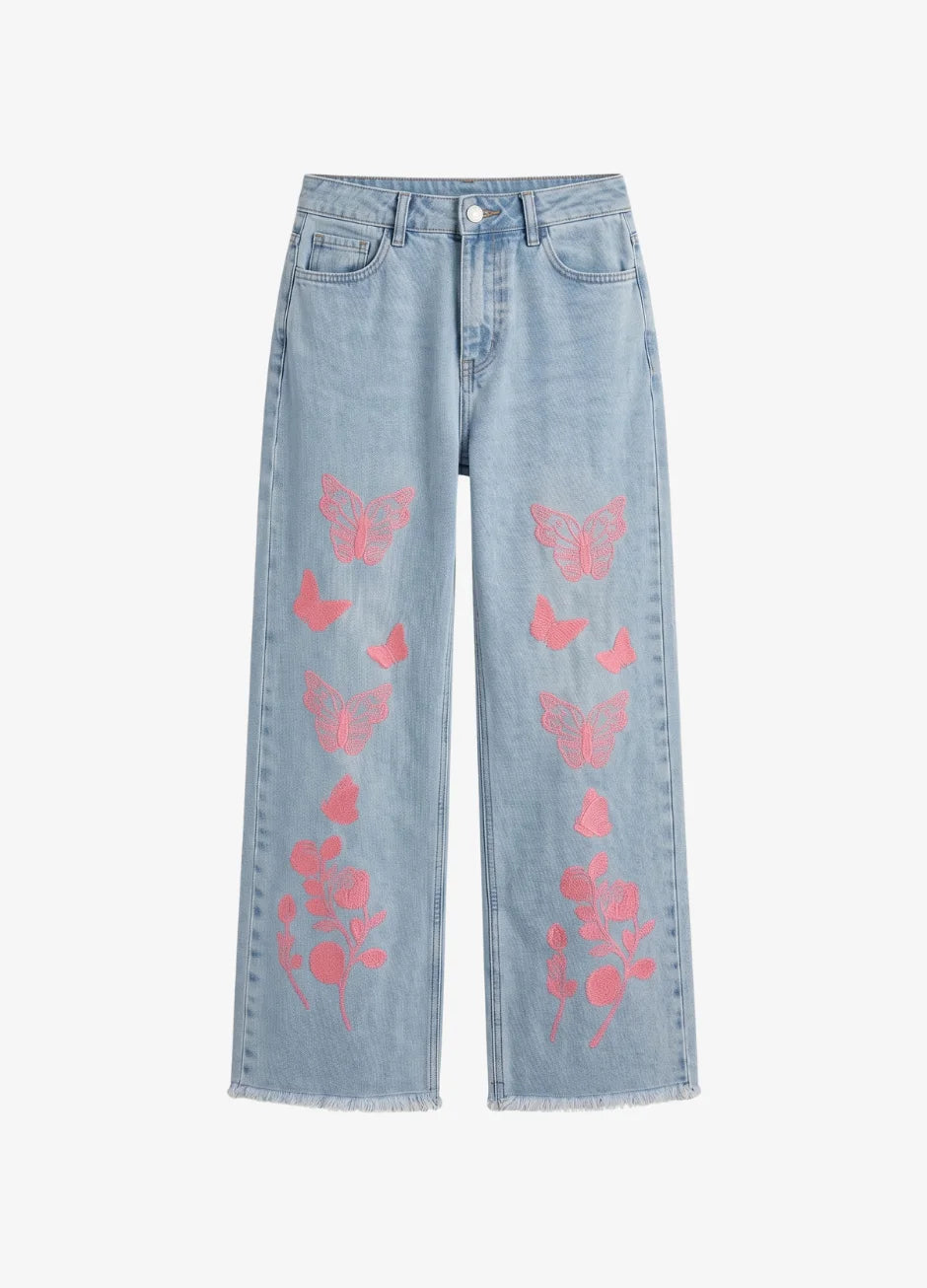 Wide-Leg Frayed Hem Jeans - Butterfly Print