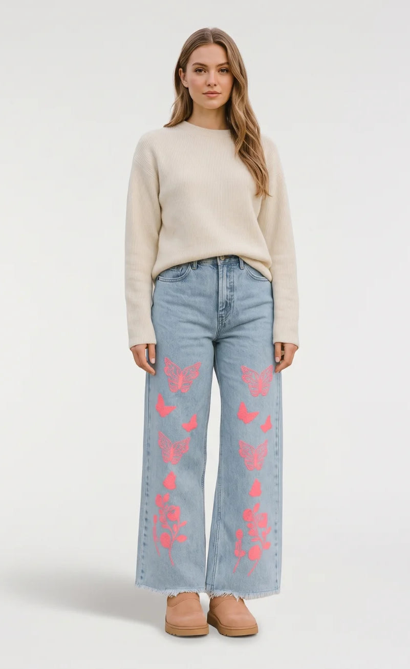 Wide-Leg Frayed Hem Jeans - Butterfly Print
