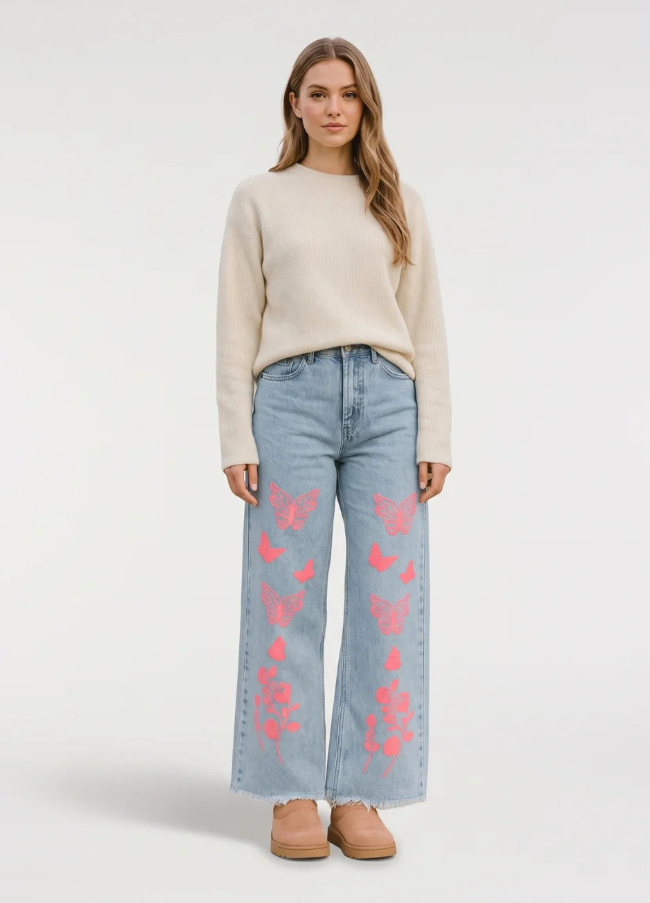 Wide-Leg Frayed Hem Jeans - Butterfly Print