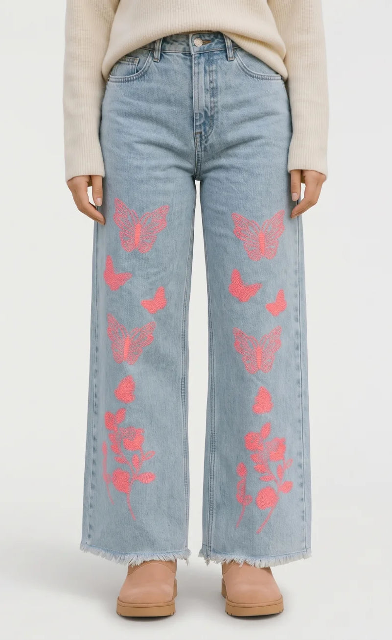 Wide-Leg Frayed Hem Jeans - Butterfly Print