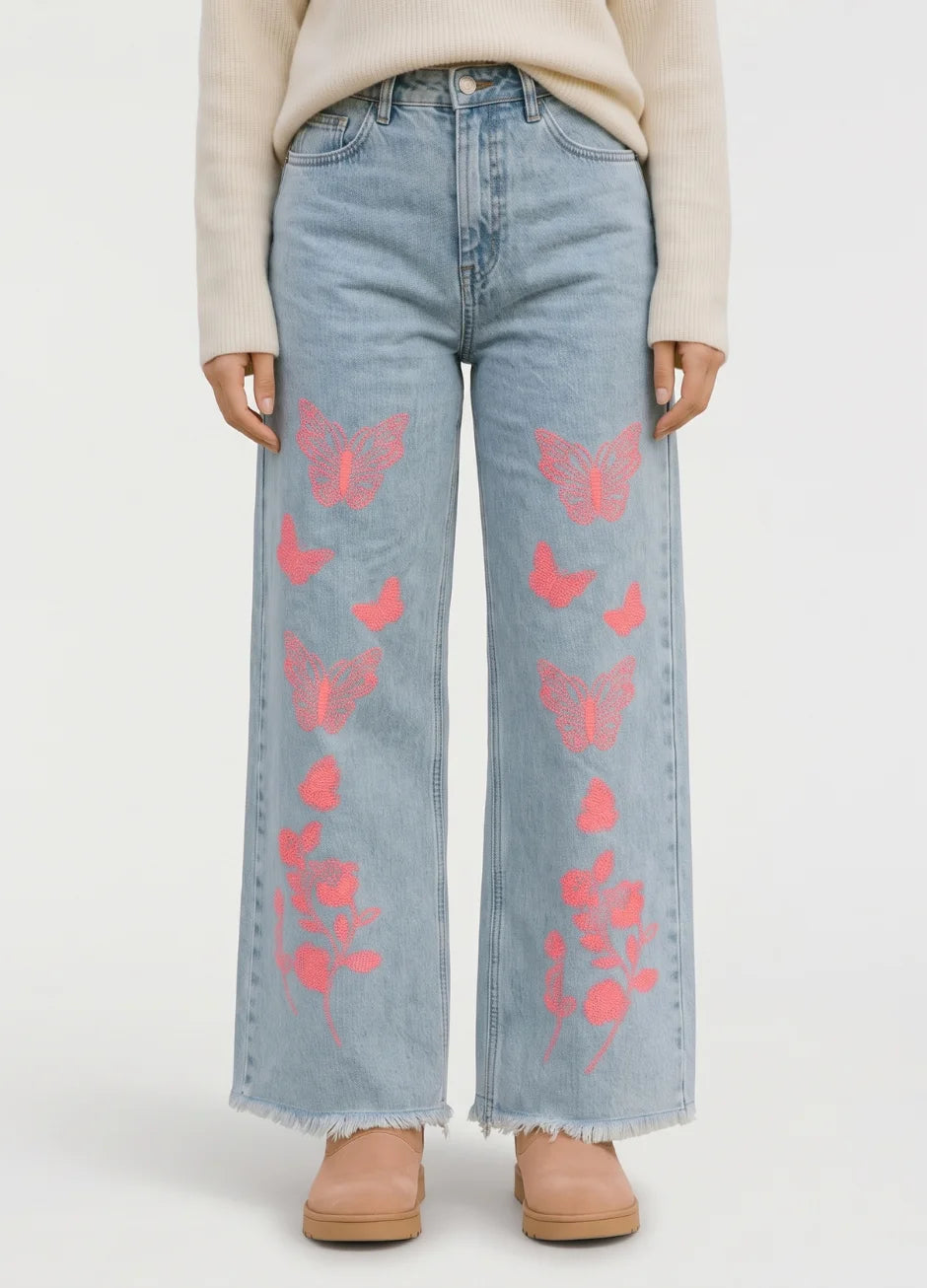 Wide-Leg Frayed Hem Jeans - Butterfly Print